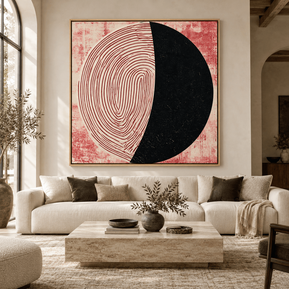 Fingerprint Wall Art Canvas Print – Fingerprint Eclipse by Rossetti Art, square red, cream and black canvas above a sofa