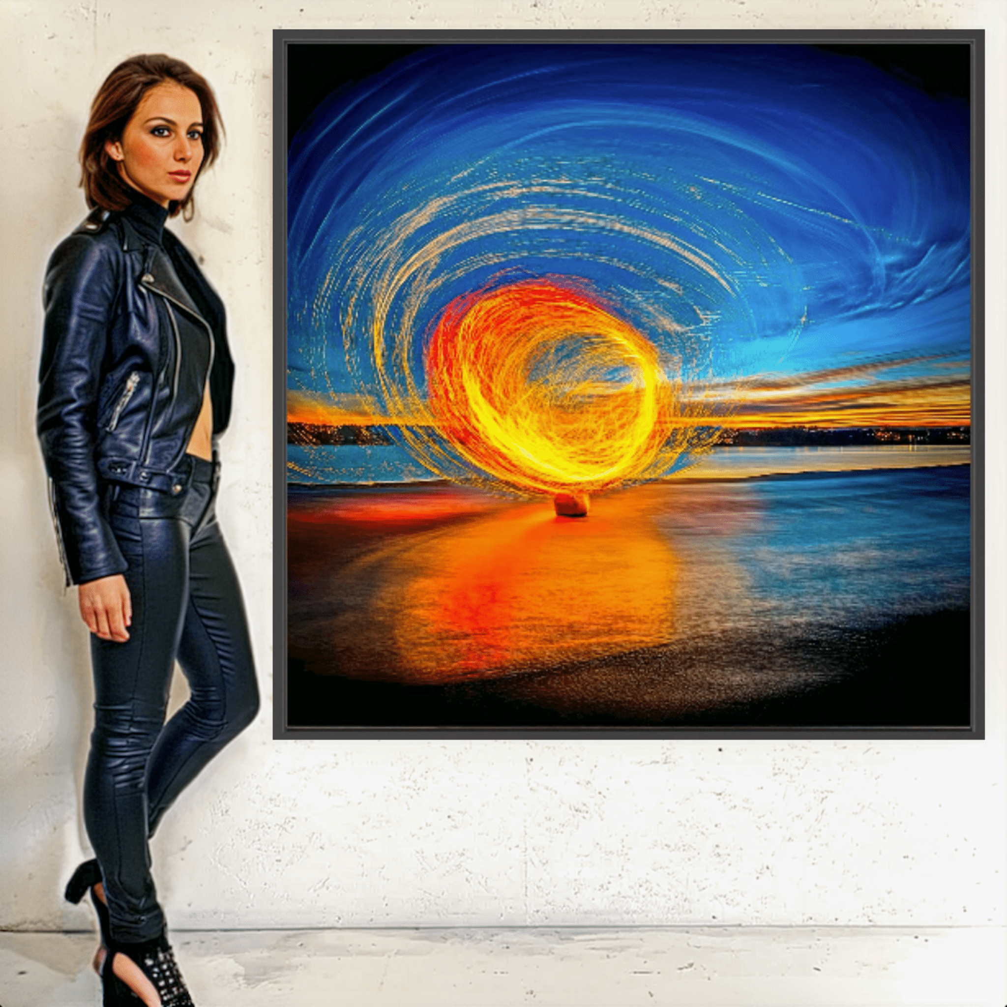 Canvas Print: Fire & Sky Swirl - Abstract Light Art modern abstract canvas wall art by Rossetti Art – luxury interior design artwork for living room, bedroom, office – Abstract Light Art Contemporary Art for Sale Golden Spiral Art