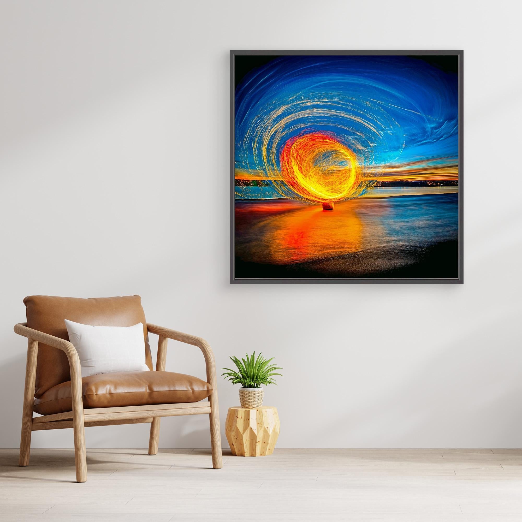 Canvas Print: Fire & Sky Swirl - Abstract Light Art modern abstract canvas wall art by Rossetti Art – luxury interior design artwork for living room, bedroom, office – Abstract Light Art Contemporary Art for Sale Golden Spiral Art