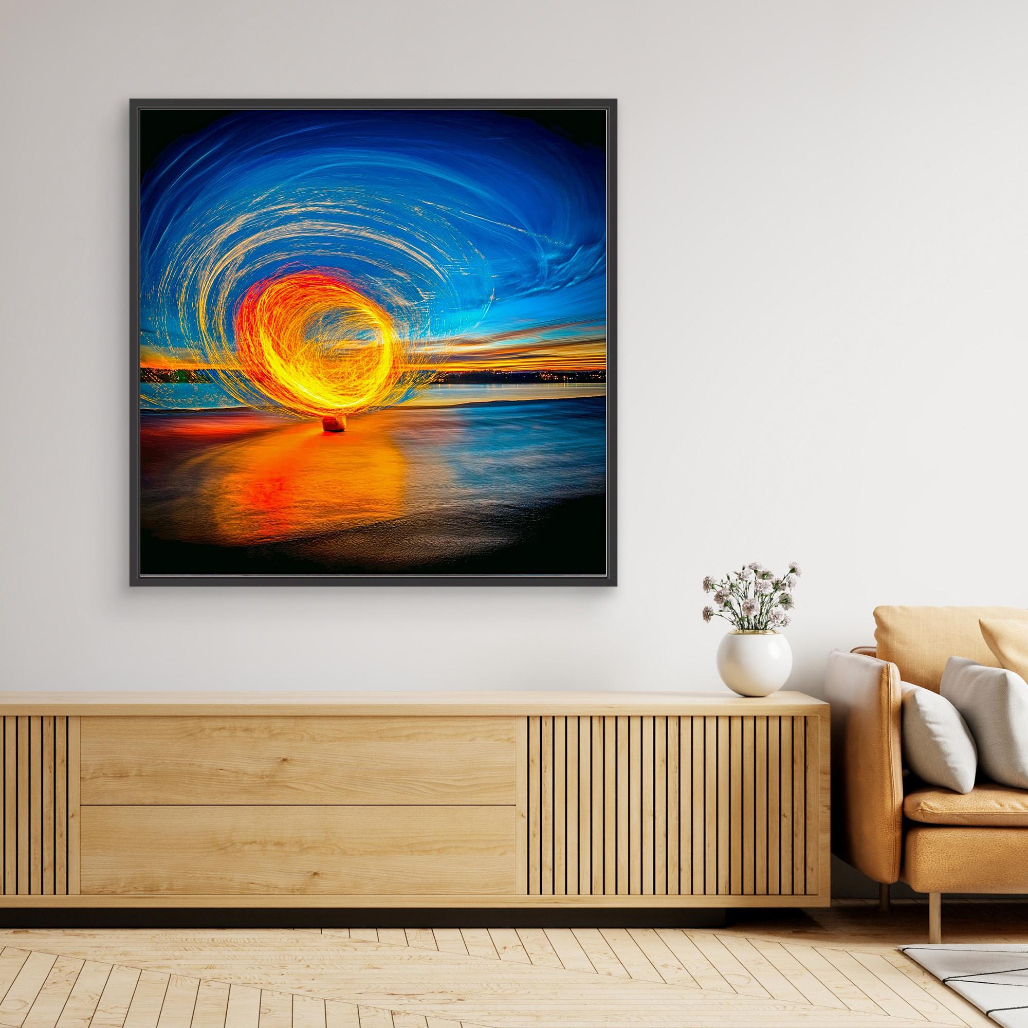 Canvas Print: Fire & Sky Swirl - Abstract Light Art modern abstract canvas wall art by Rossetti Art – luxury interior design artwork for living room, bedroom, office – Abstract Light Art Contemporary Art for Sale Golden Spiral Art