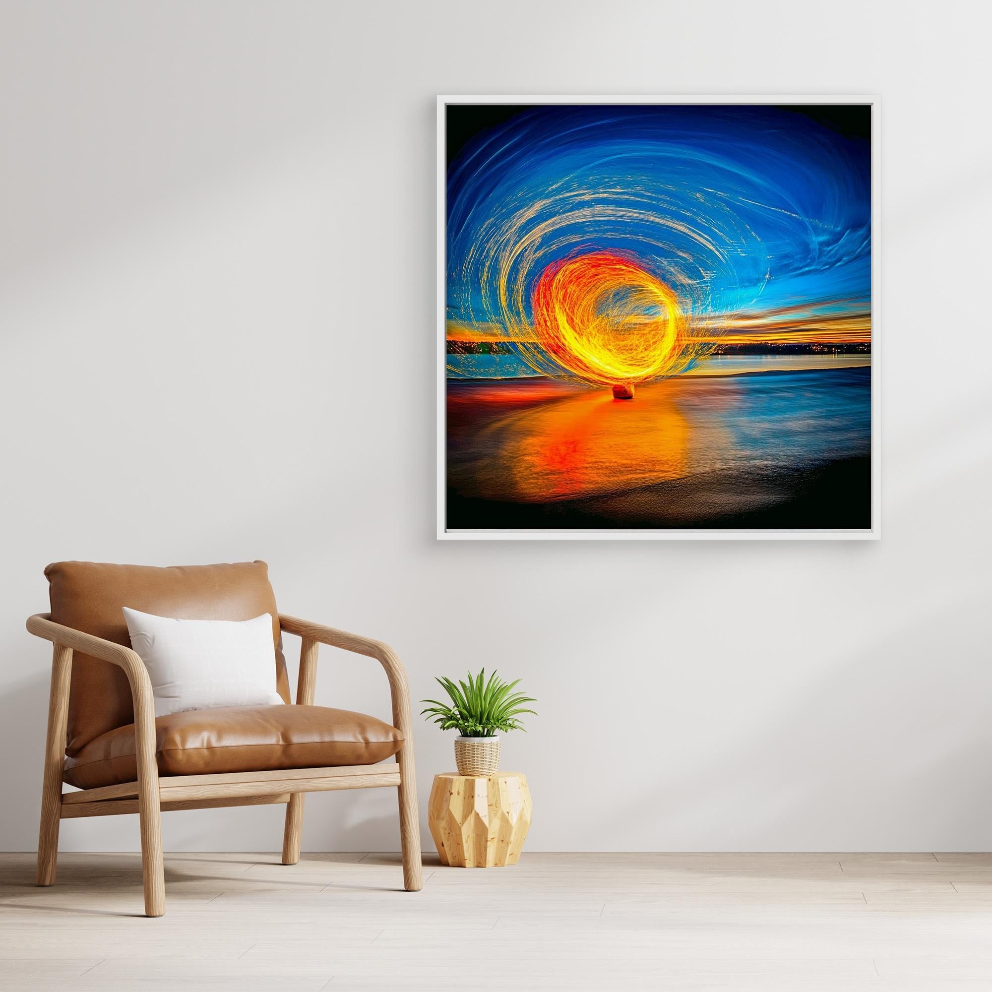 Canvas Print: Fire & Sky Swirl - Abstract Light Art modern abstract canvas wall art by Rossetti Art – luxury interior design artwork for living room, bedroom, office – Abstract Light Art Contemporary Art for Sale Golden Spiral Art