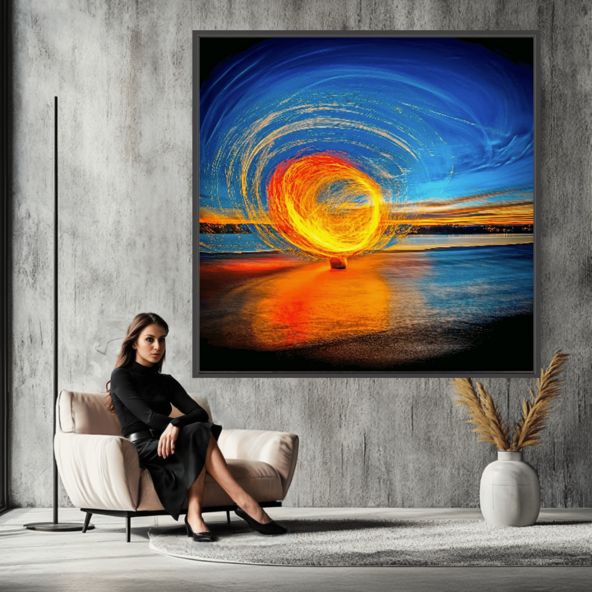Canvas Print: Fire & Sky Swirl - Abstract Light Art modern abstract canvas wall art by Rossetti Art – luxury interior design artwork for living room, bedroom, office – Abstract Light Art Contemporary Art for Sale Golden Spiral Art