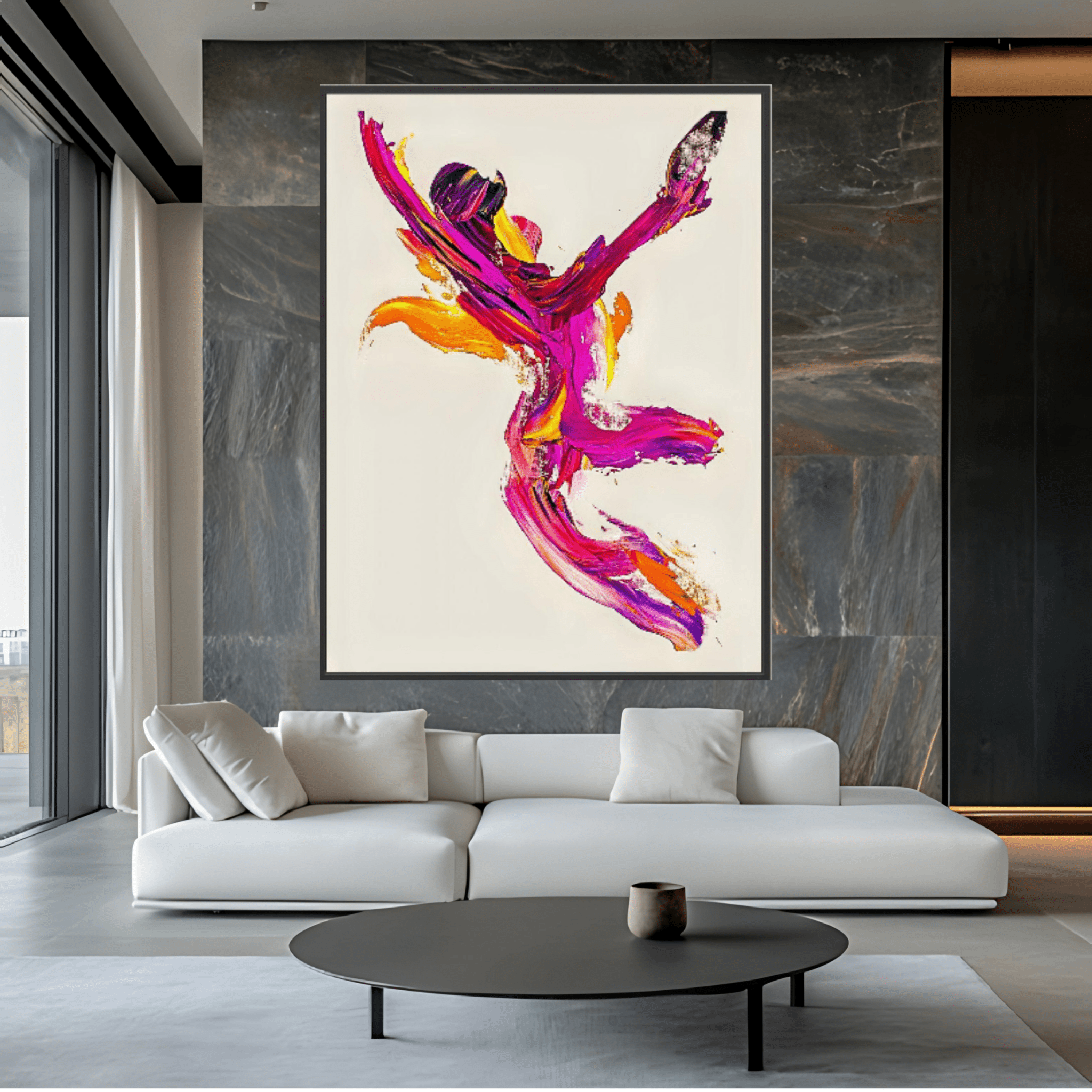Canvas Print: "Flame Dancer" - Expressive Abstract Motion Wall Art modern abstract canvas wall art by Rossetti Art – luxury interior design artwork for living room, bedroom, office – Abstract dancer canvas print Energetic abstract figure artwork Expressive modern art with bold brushstrokes