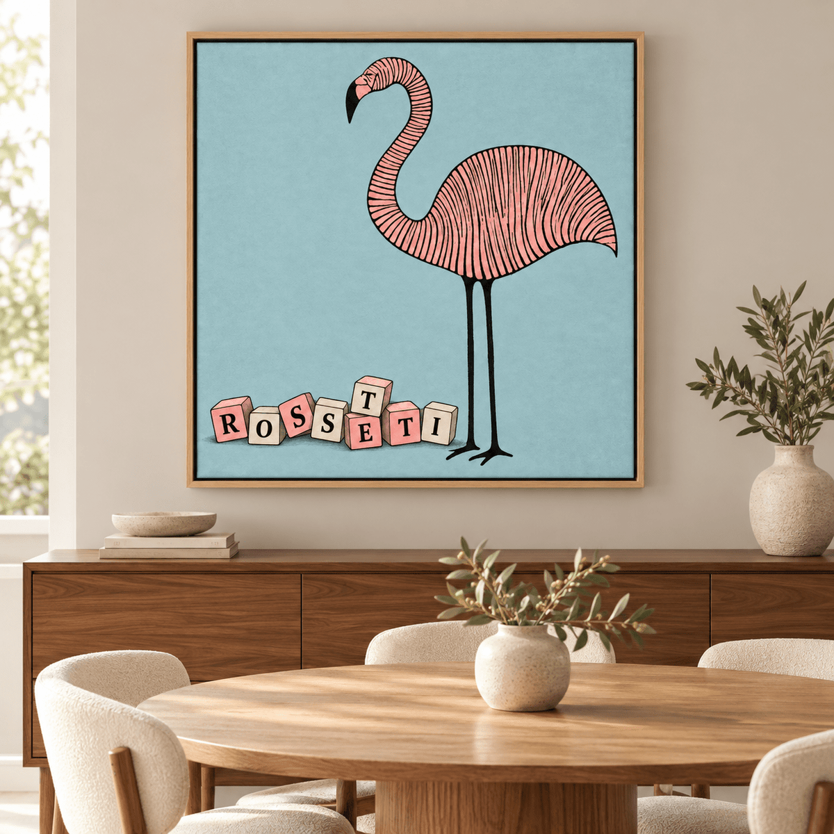 Flamingo Wall Art – Pink Parade by Rossetti Art above a wooden sideboard in a dining room