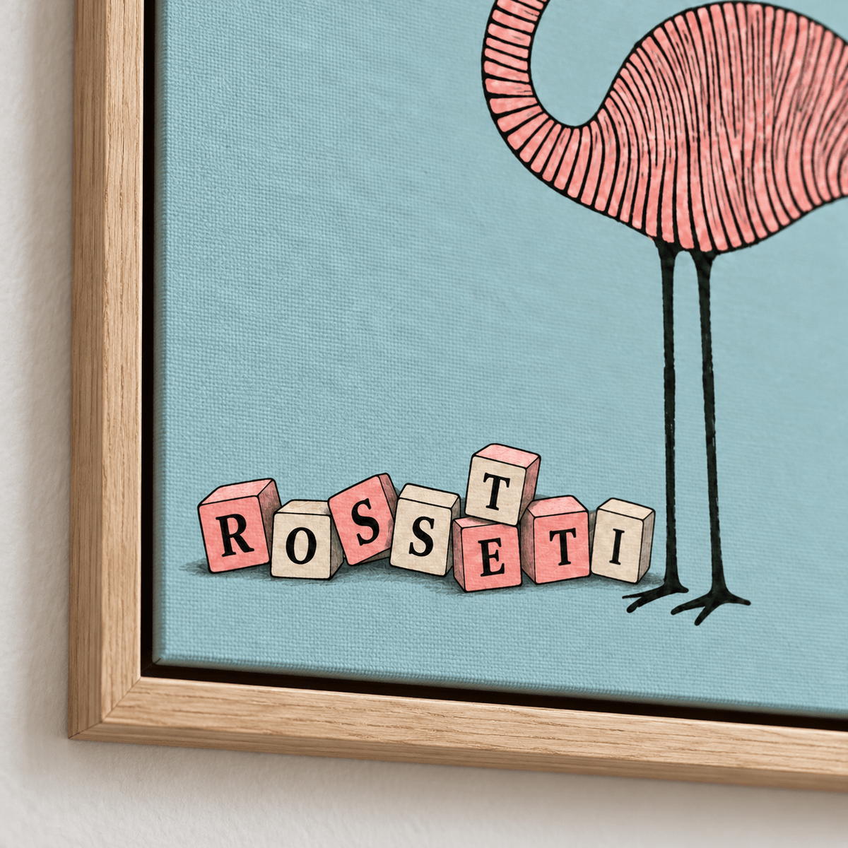 Flamingo Wall Art – Pink Parade by Rossetti Art, close-up of the alphabet blocks and floater frame corner