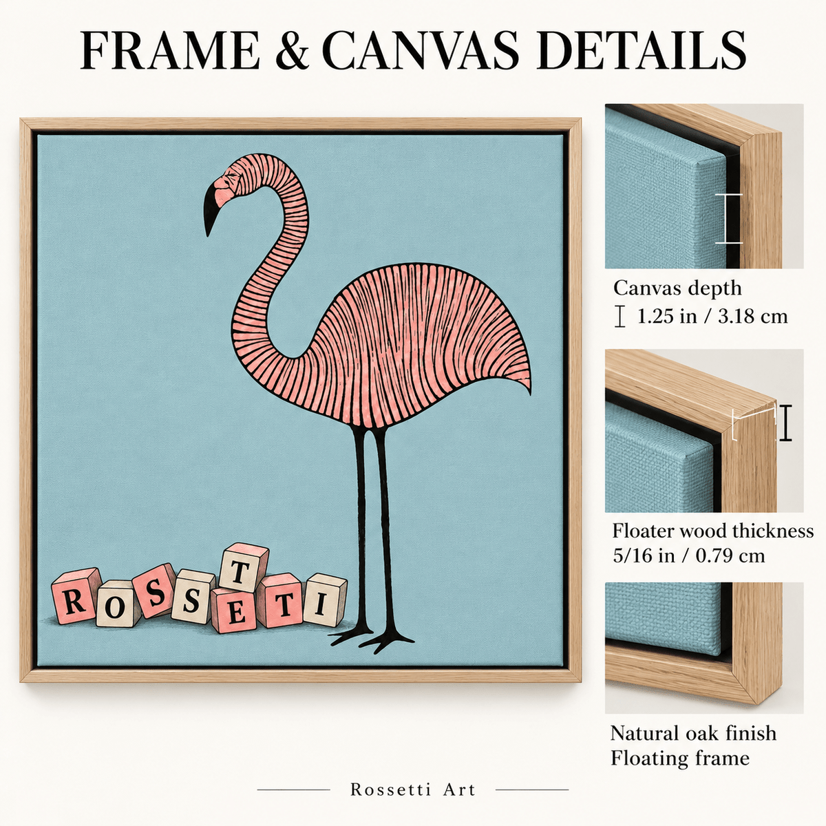 Flamingo Wall Art – Pink Parade by Rossetti Art, canvas and floater frame details