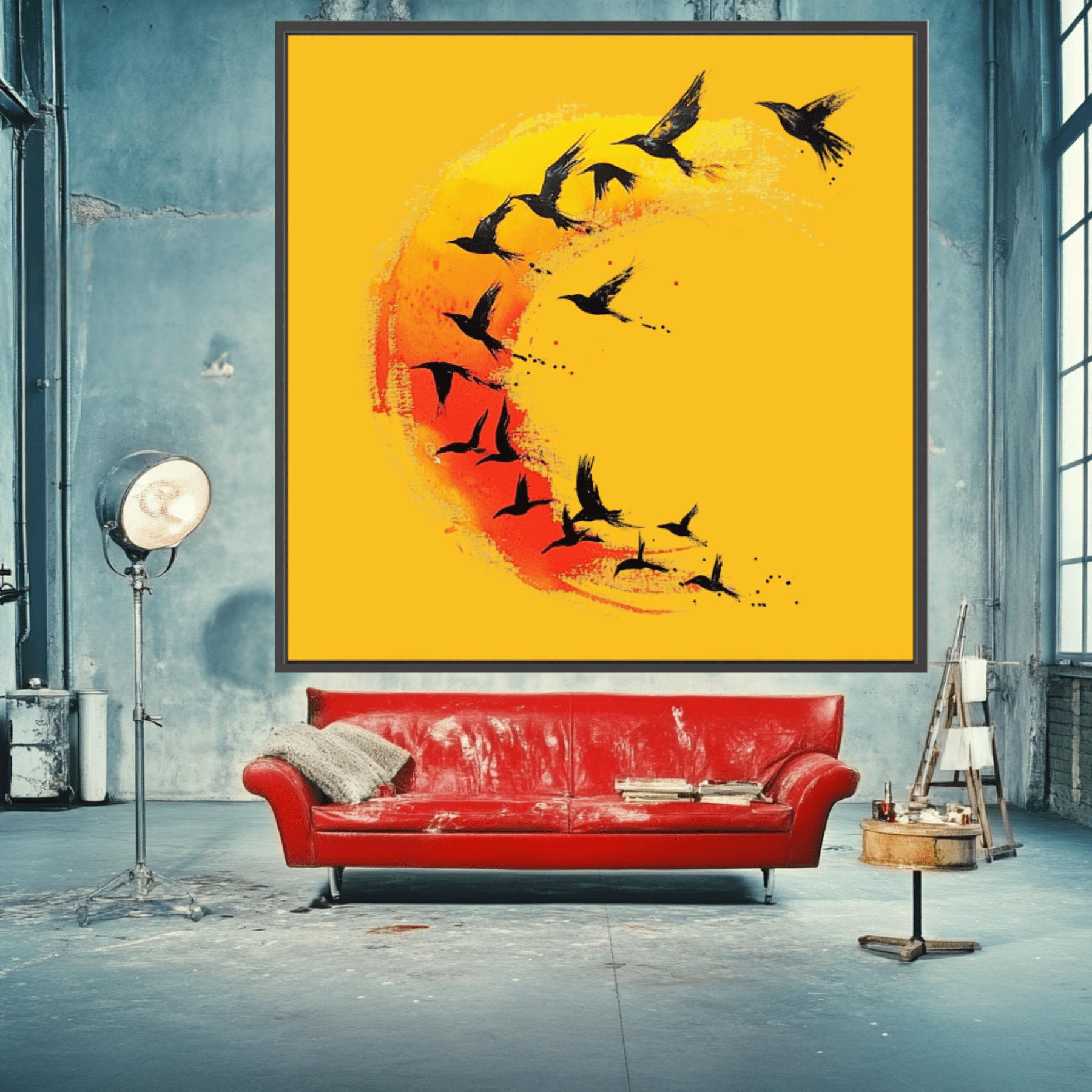 Canvas Print: Flight in Flame Arc – Abstract Art Bird in Flight modern abstract canvas wall art by Rossetti Art – luxury interior design artwork for living room, bedroom, office – Abstract Bird Art Surreal Bird Art