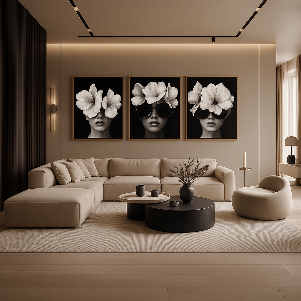 Canvas Print: Floral Elegance Triptych - Framed Wall Art Black and White Set of 3 modern abstract canvas wall art by Rossetti Art – luxury interior design artwork for living room, bedroom, office – 3 piece black and white wall art 3 piece wall art for living room black and white 3 piece wall art