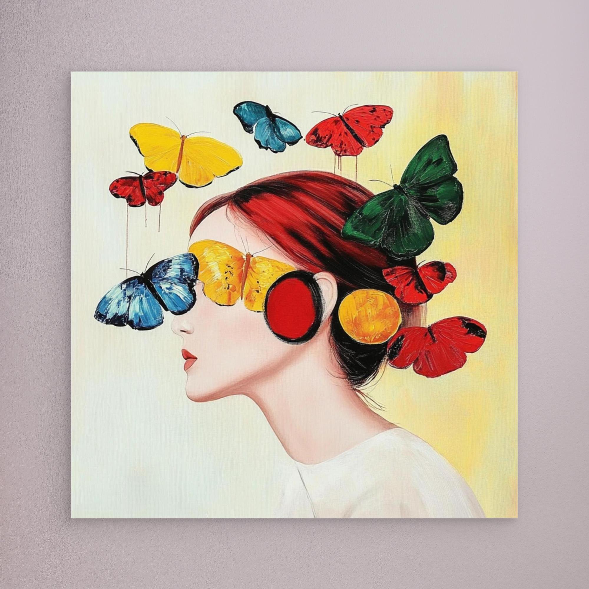 Canvas Print : Flutter of Dreams - Butterfly Portrait Art Print modern abstract canvas wall art by Rossetti Art – luxury interior design artwork for living room, bedroom, office – Butterfly portrait art Butterfly wall art Colorful woman portrait