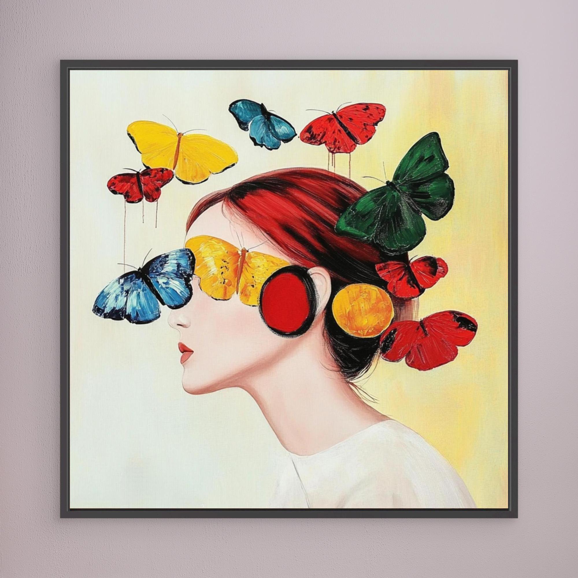 Canvas Print : Flutter of Dreams - Butterfly Portrait Art Print modern abstract canvas wall art by Rossetti Art – luxury interior design artwork for living room, bedroom, office – Butterfly portrait art Butterfly wall art Colorful woman portrait