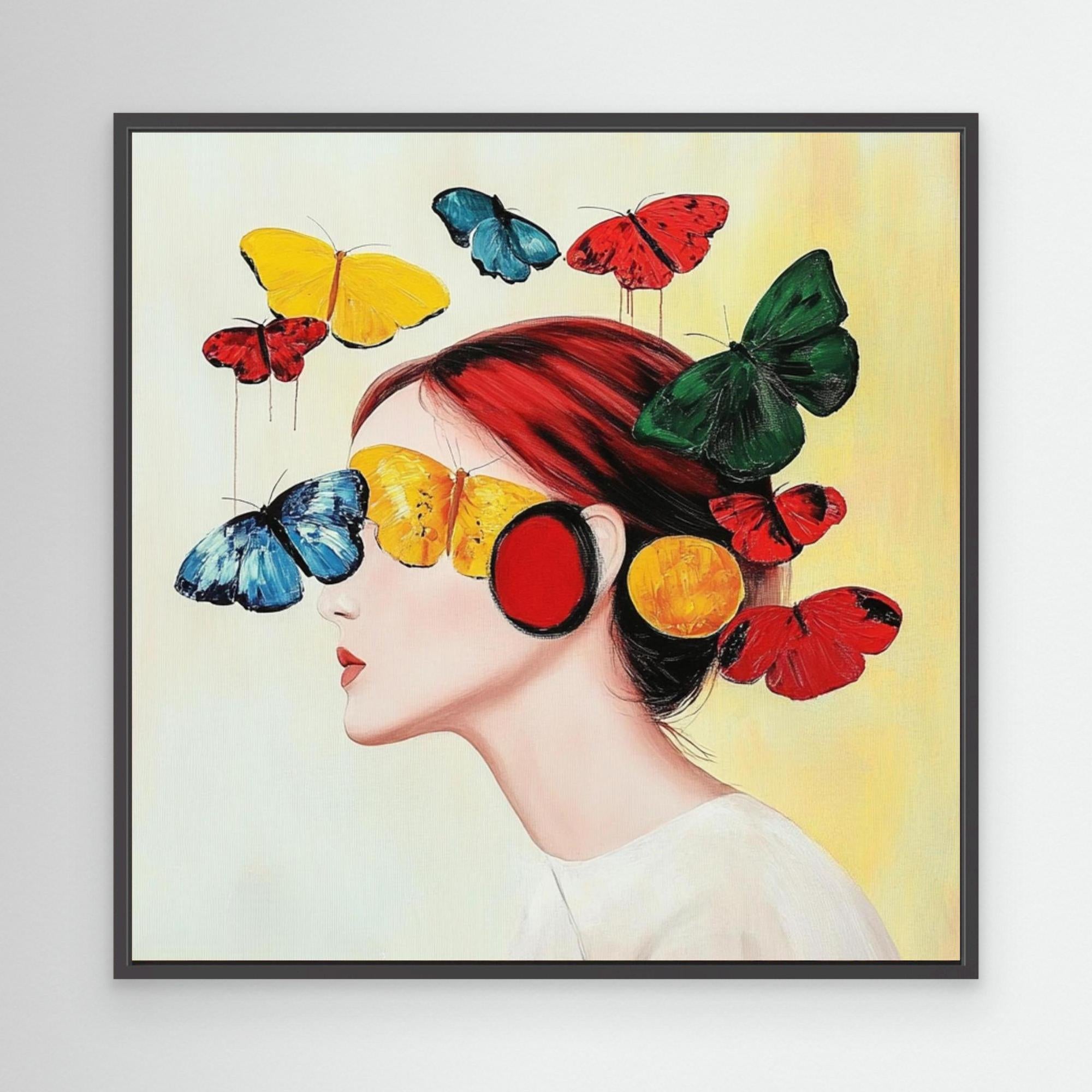 Canvas Print : Flutter of Dreams - Butterfly Portrait Art Print modern abstract canvas wall art by Rossetti Art – luxury interior design artwork for living room, bedroom, office – Butterfly portrait art Butterfly wall art Colorful woman portrait