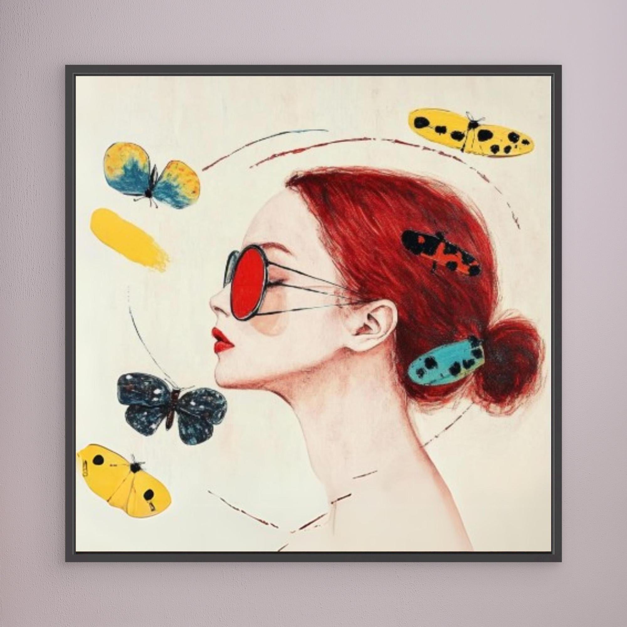 Canvas Print : Fluttered Vision - Modern Red and Yellow Wall Decor modern abstract canvas wall art by Rossetti Art – luxury interior design artwork for living room, bedroom, office – Butterfly portrait art Butterfly wall art Colorful woman portrait