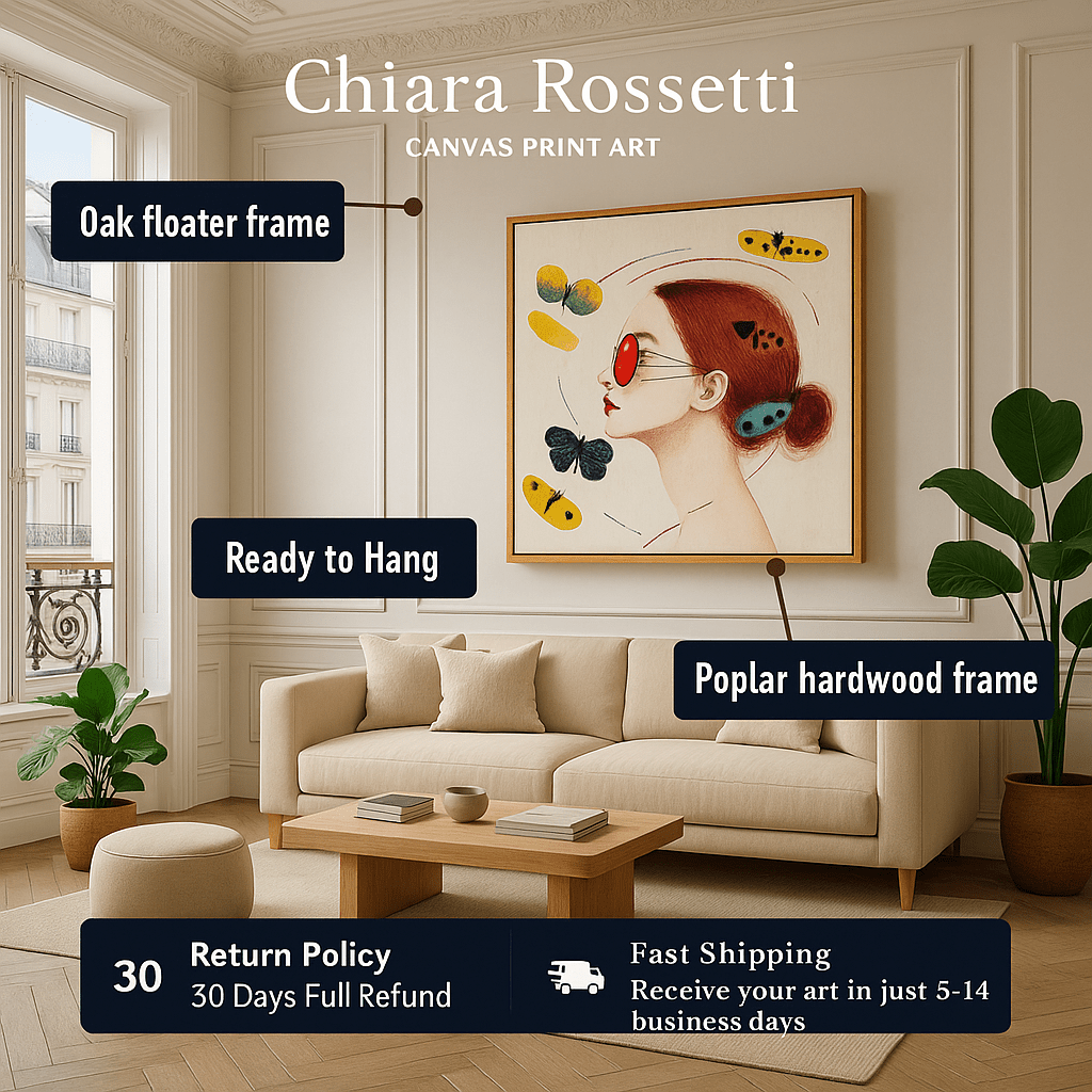 Canvas Print : Fluttered Vision - Modern Red and Yellow Wall Decor modern abstract canvas wall art by Rossetti Art – luxury interior design artwork for living room, bedroom, office – Butterfly portrait art Butterfly wall art Colorful woman portrait