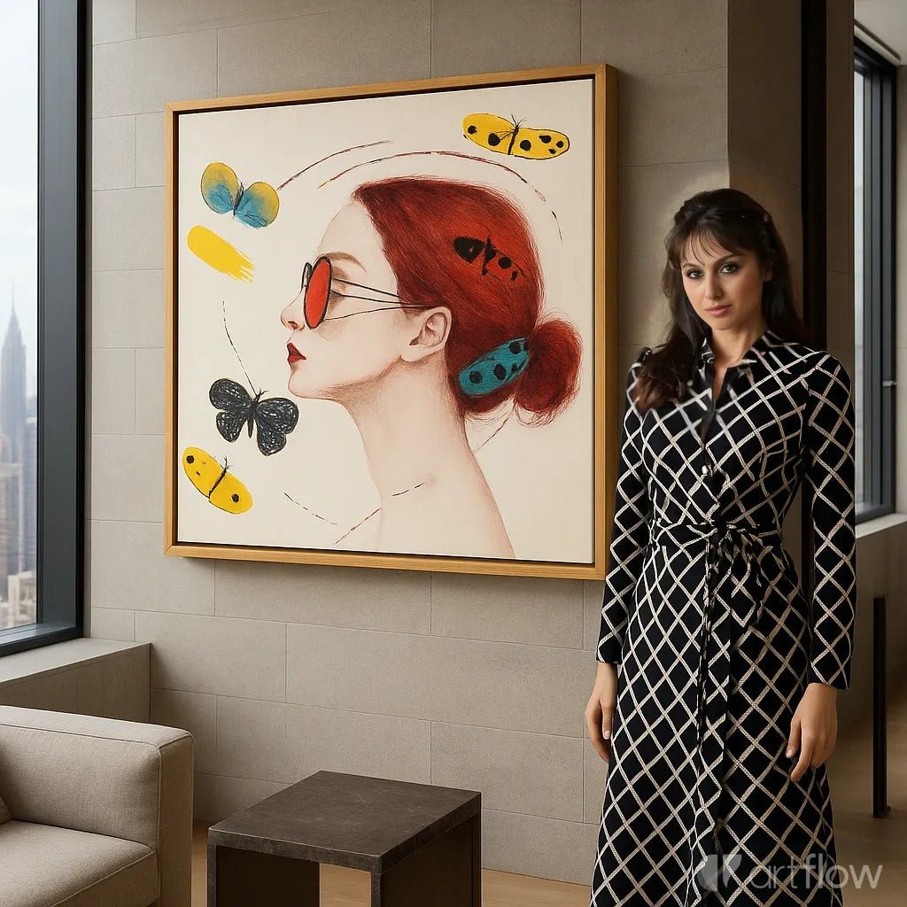 Canvas Print : Fluttered Vision - Modern Red and Yellow Wall Decor modern abstract canvas wall art by Rossetti Art – luxury interior design artwork for living room, bedroom, office – Butterfly portrait art Butterfly wall art Colorful woman portrait