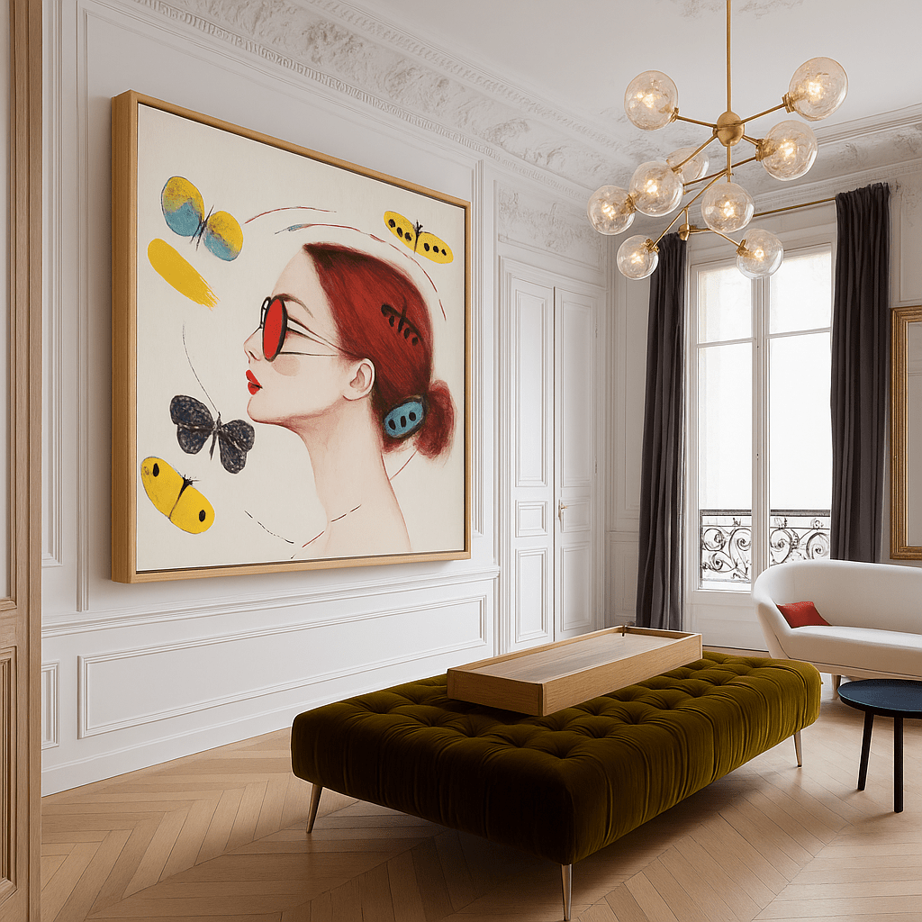 Canvas Print : Fluttered Vision - Modern Red and Yellow Wall Decor modern abstract canvas wall art by Rossetti Art – luxury interior design artwork for living room, bedroom, office – Butterfly portrait art Butterfly wall art Colorful woman portrait