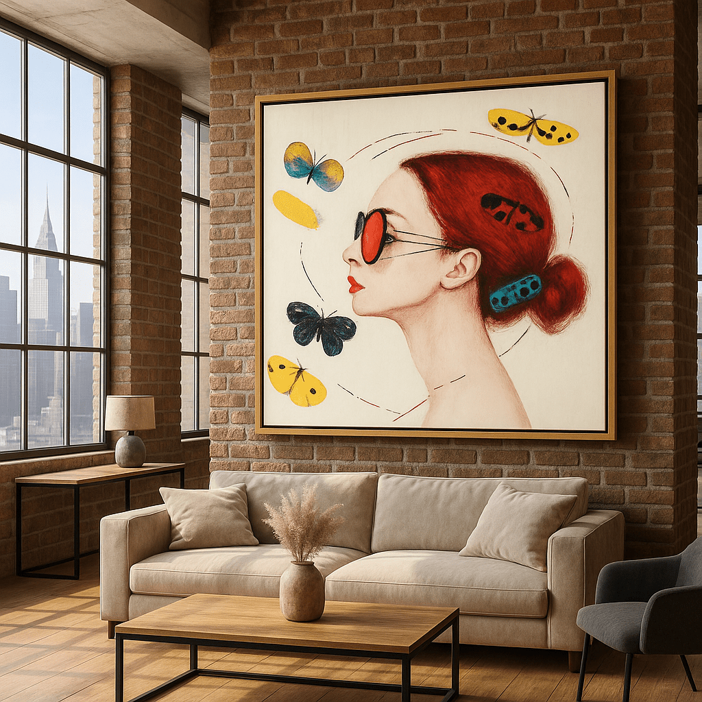 Canvas Print : Fluttered Vision - Modern Red and Yellow Wall Decor modern abstract canvas wall art by Rossetti Art – luxury interior design artwork for living room, bedroom, office – Butterfly portrait art Butterfly wall art Colorful woman portrait
