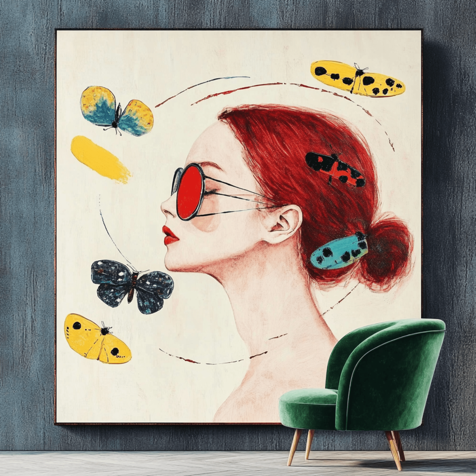 Canvas Print : Fluttered Vision - Modern Red and Yellow Wall Decor modern abstract canvas wall art by Rossetti Art – luxury interior design artwork for living room, bedroom, office – Butterfly portrait art Butterfly wall art Colorful woman portrait
