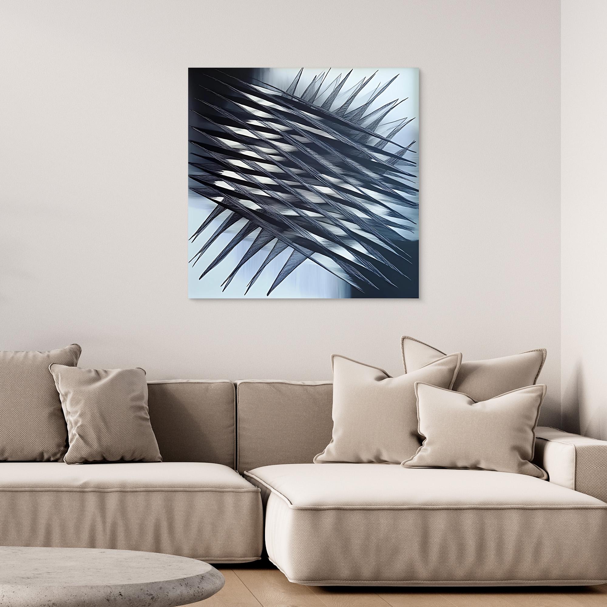 Canvas Print: "Fractured Symmetry" - Abstract Line Art Black and White modern abstract canvas wall art by Rossetti Art – luxury interior design artwork for living room, bedroom, office – Black And White Art Black and white artwork black and white canvas