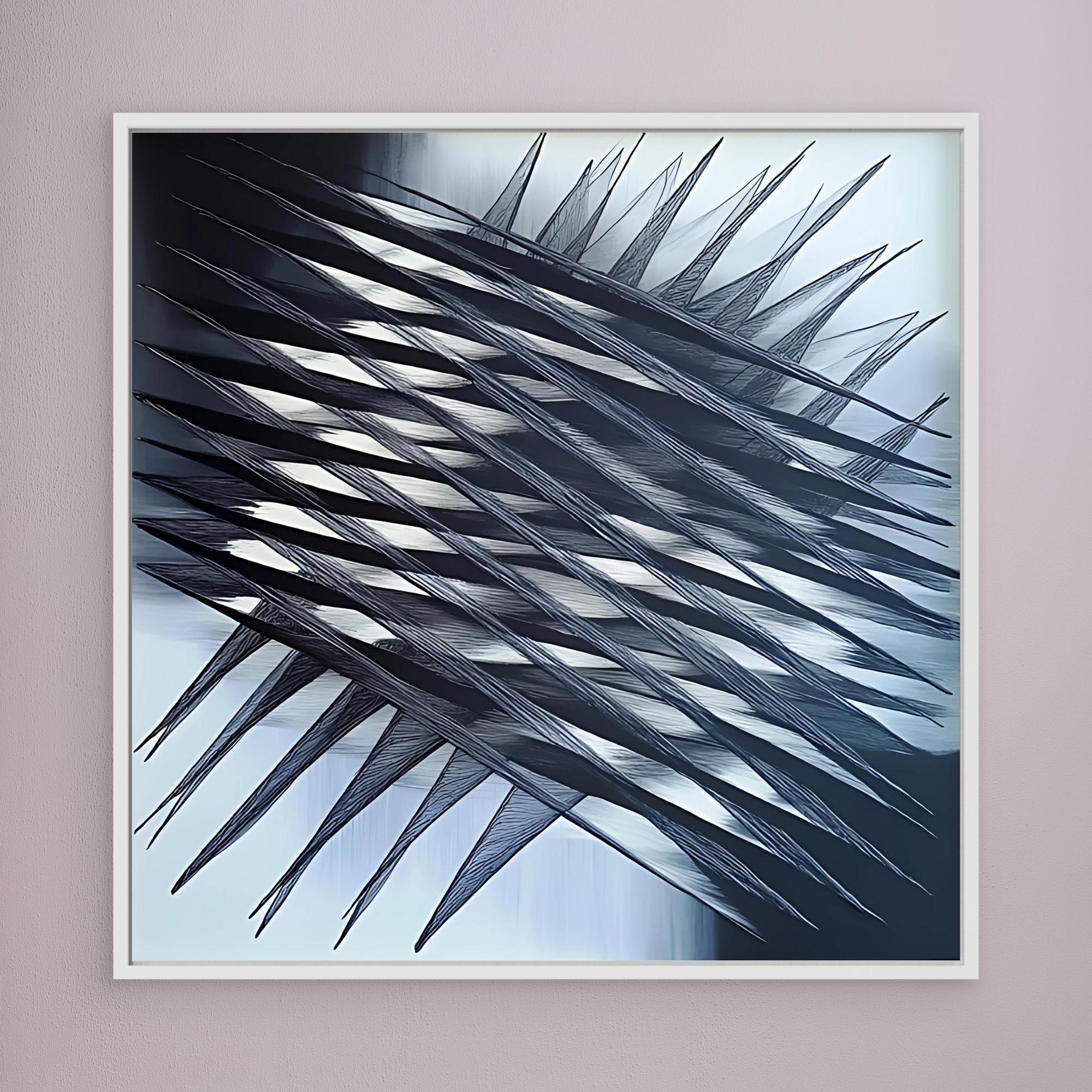 Canvas Print: "Fractured Symmetry" - Abstract Line Art Black and White modern abstract canvas wall art by Rossetti Art – luxury interior design artwork for living room, bedroom, office – Black And White Art Black and white artwork black and white canvas