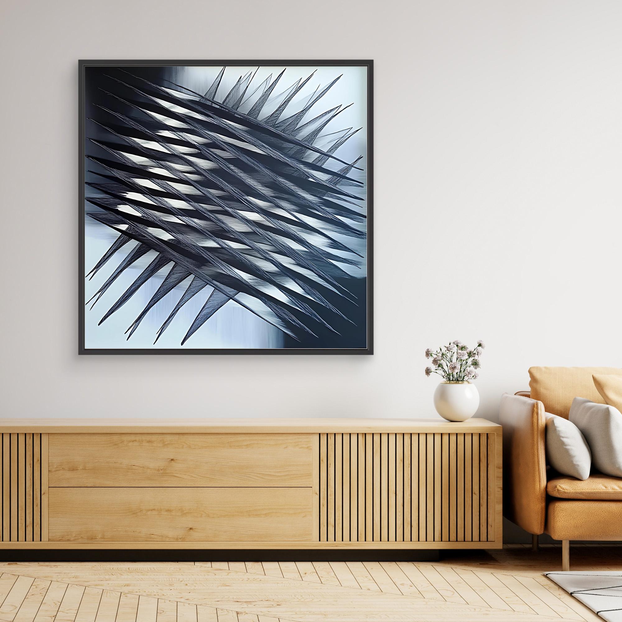 Canvas Print: "Fractured Symmetry" - Abstract Line Art Black and White modern abstract canvas wall art by Rossetti Art – luxury interior design artwork for living room, bedroom, office – Black And White Art Black and white artwork black and white canvas
