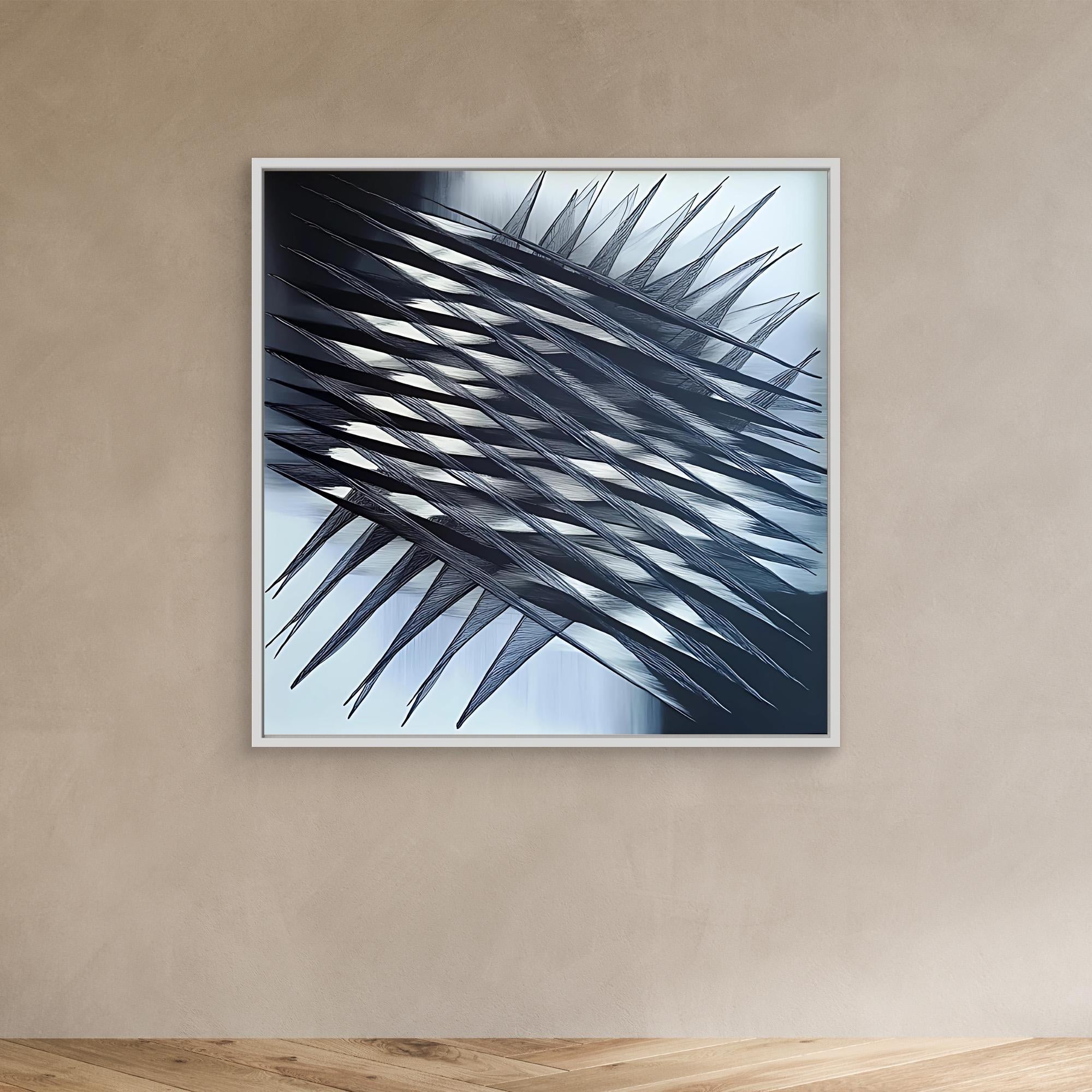 Canvas Print: "Fractured Symmetry" - Abstract Line Art Black and White modern abstract canvas wall art by Rossetti Art – luxury interior design artwork for living room, bedroom, office – Black And White Art Black and white artwork black and white canvas