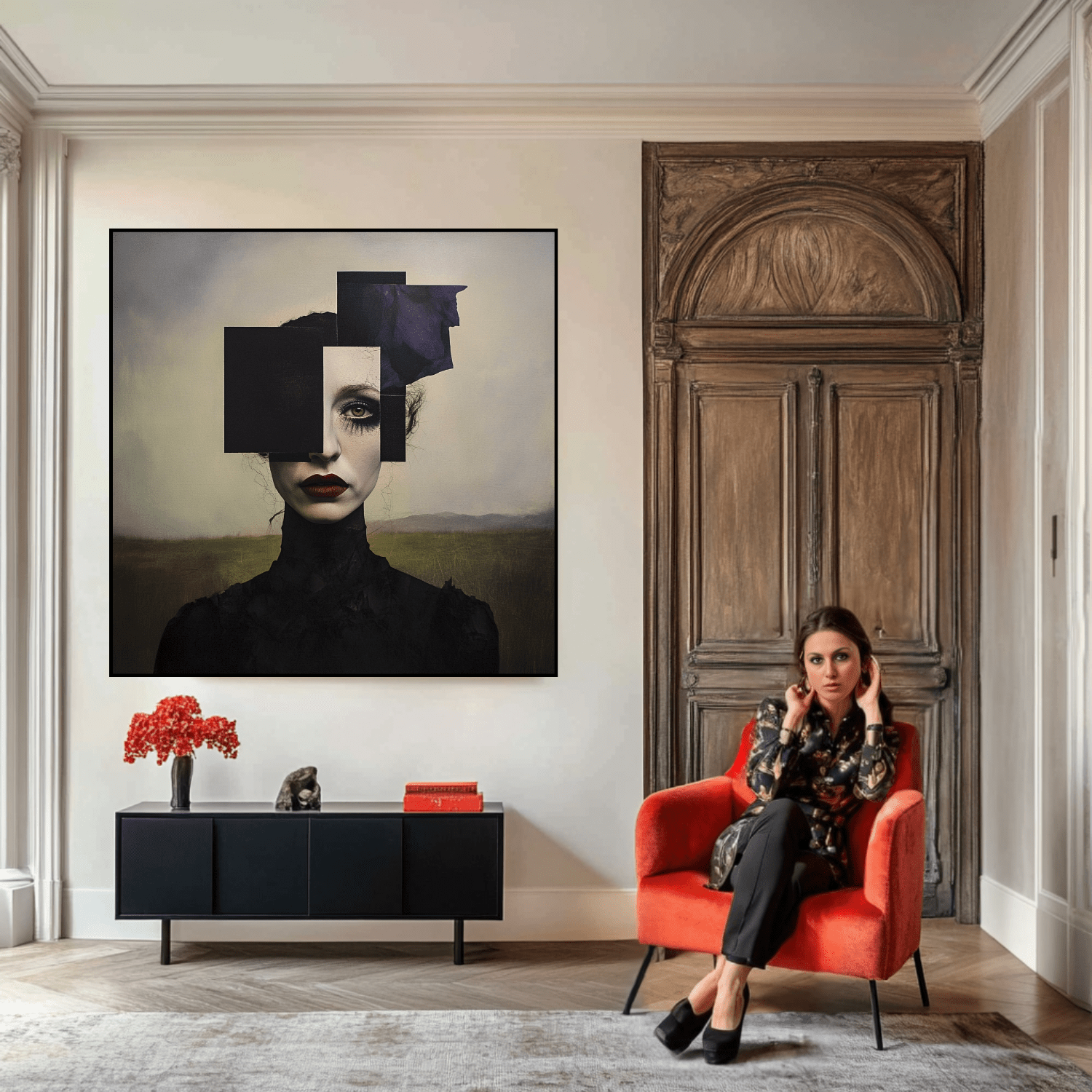 Canvas Print : Fragmented Elegance - Black and White Canvas Art with a Pop of Color modern abstract canvas wall art by Rossetti Art – luxury interior design artwork for living room, bedroom, office – abstract dark portrait wall art Abstract Paintings Canvas Art Prints