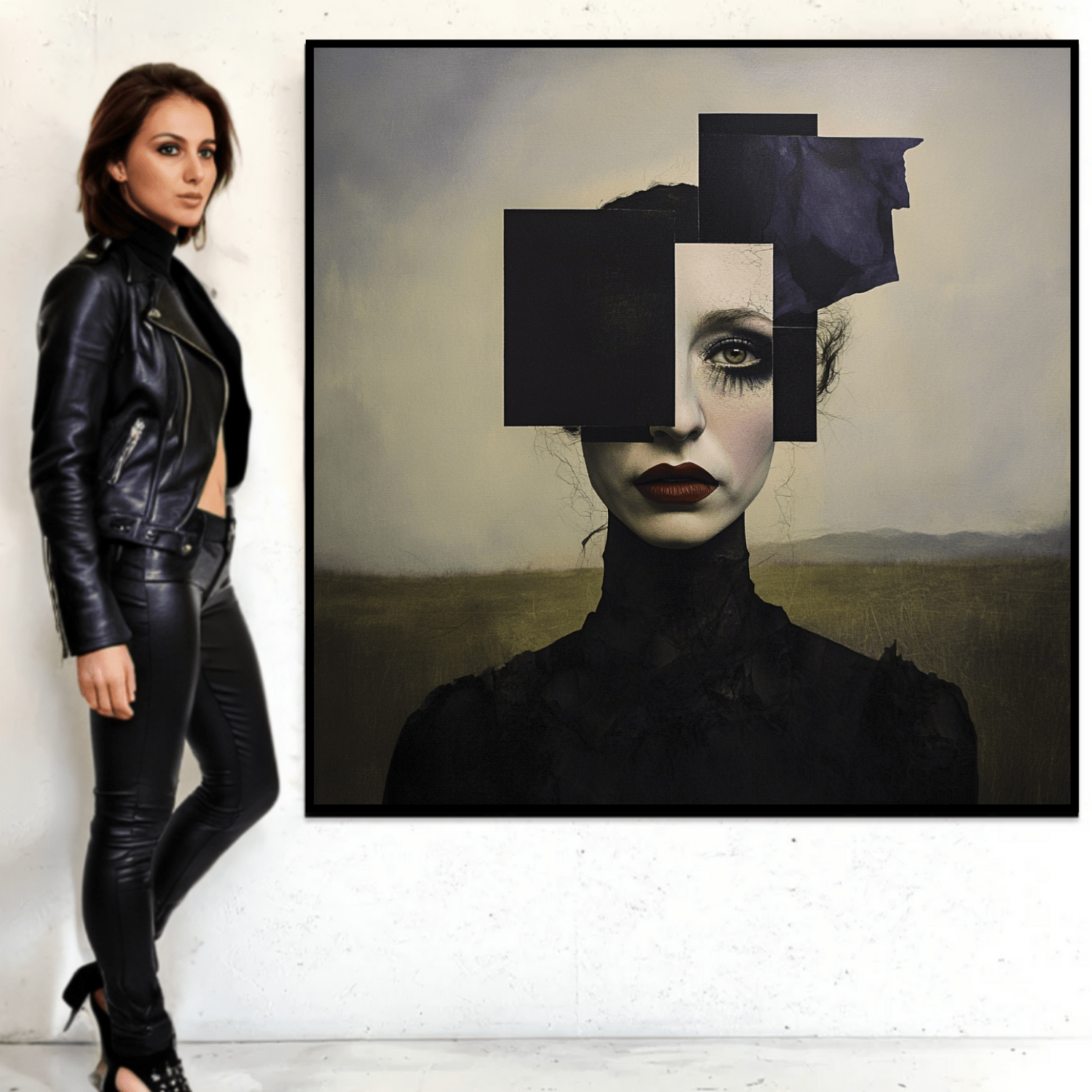 Canvas Print : Fragmented Elegance - Black and White Canvas Art with a Pop of Color modern abstract canvas wall art by Rossetti Art – luxury interior design artwork for living room, bedroom, office – abstract dark portrait wall art Abstract Paintings Canvas Art Prints