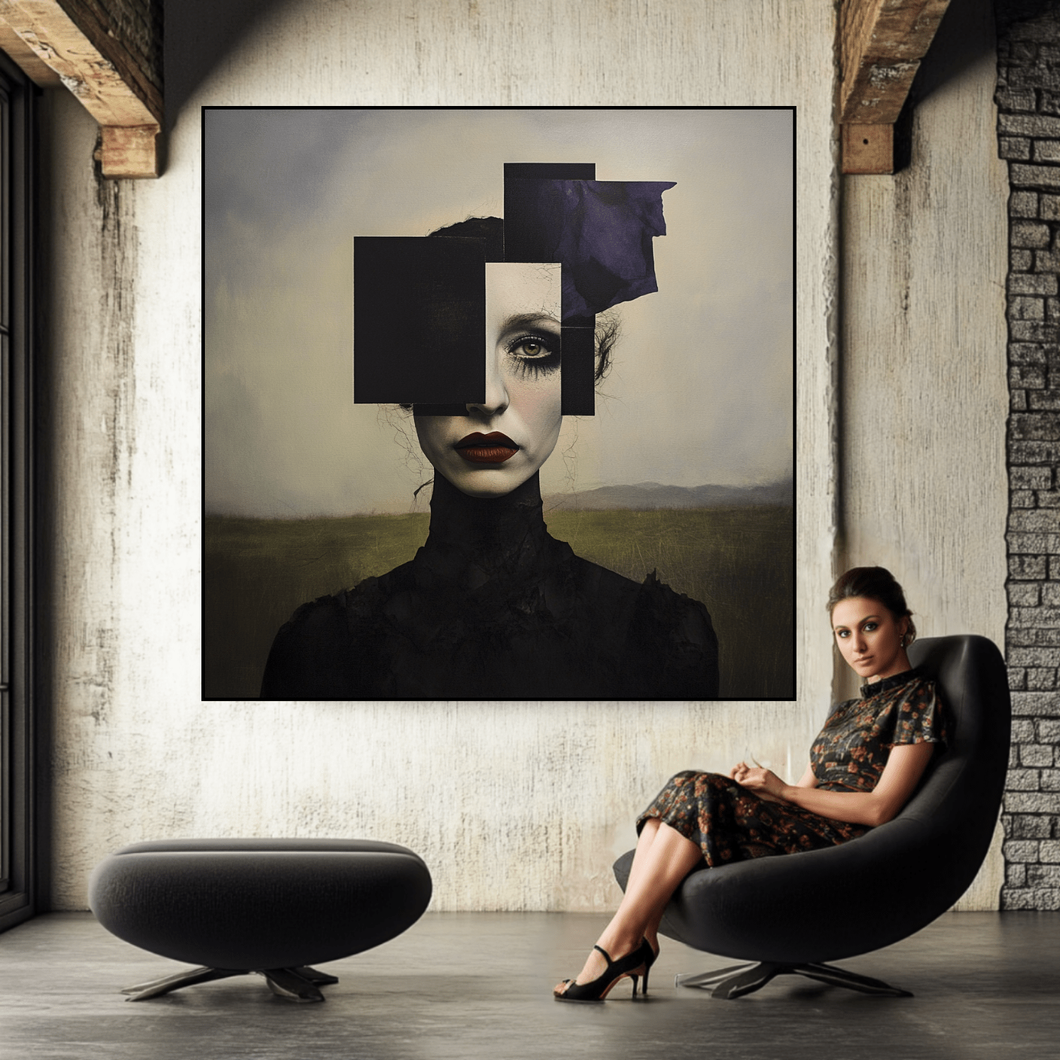 Canvas Print : Fragmented Elegance - Black and White Canvas Art with a Pop of Color modern abstract canvas wall art by Rossetti Art – luxury interior design artwork for living room, bedroom, office – abstract dark portrait wall art Abstract Paintings Canvas Art Prints