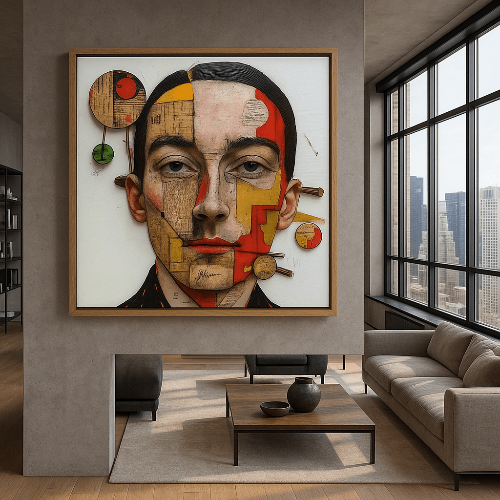 Canvas Print : Fragmented Essence - Mixed Media Surreal Portrait Art Print – Modern Abstract Wall Decor modern abstract canvas wall art by Rossetti Art – luxury interior design artwork for living room, bedroom, office – Artistic face painting Bold red artwork Colorful abstract art