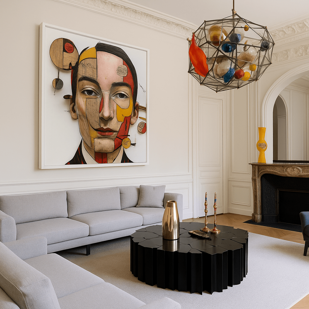 Canvas Print : Fragmented Essence - Mixed Media Surreal Portrait Art Print – Modern Abstract Wall Decor modern abstract canvas wall art by Rossetti Art – luxury interior design artwork for living room, bedroom, office – Artistic face painting Bold red artwork Colorful abstract art