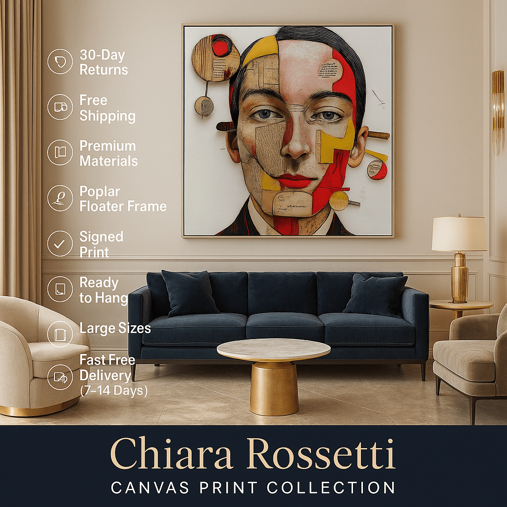 Canvas Print : Fragmented Essence - Mixed Media Surreal Portrait Art Print – Modern Abstract Wall Decor modern abstract canvas wall art by Rossetti Art – luxury interior design artwork for living room, bedroom, office – Artistic face painting Bold red artwork Colorful abstract art