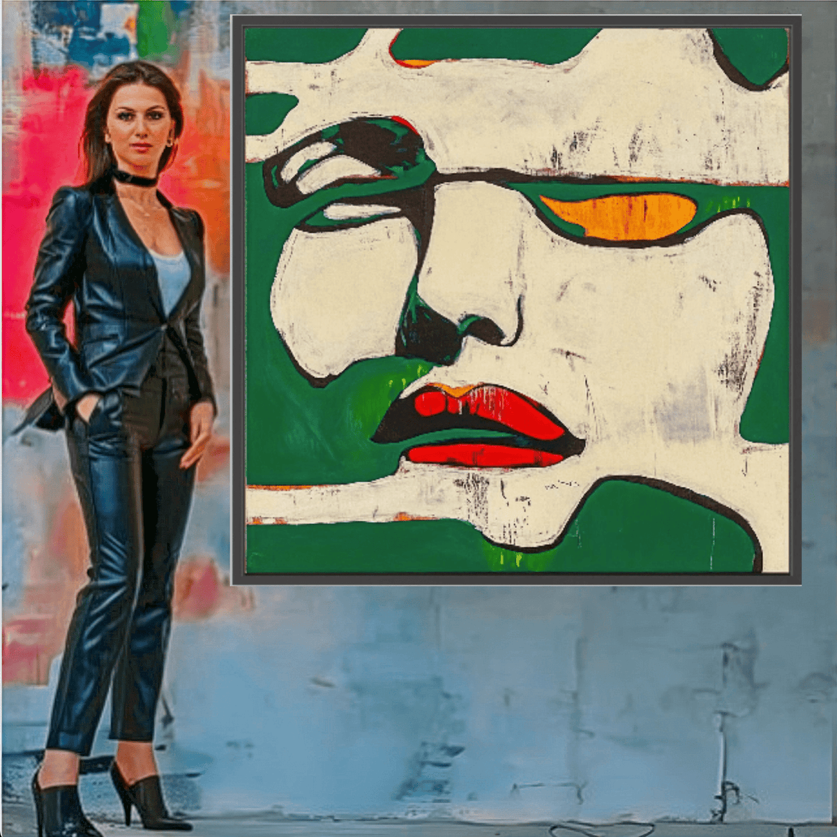 Canvas Print : Fragments of Expression - Bold Portrait Abstract modern abstract canvas wall art by Rossetti Art – luxury interior design artwork for living room, bedroom, office – Abstract Portrait Wall Art Bold Green and Red Canvas Contemporary Expressive Decor