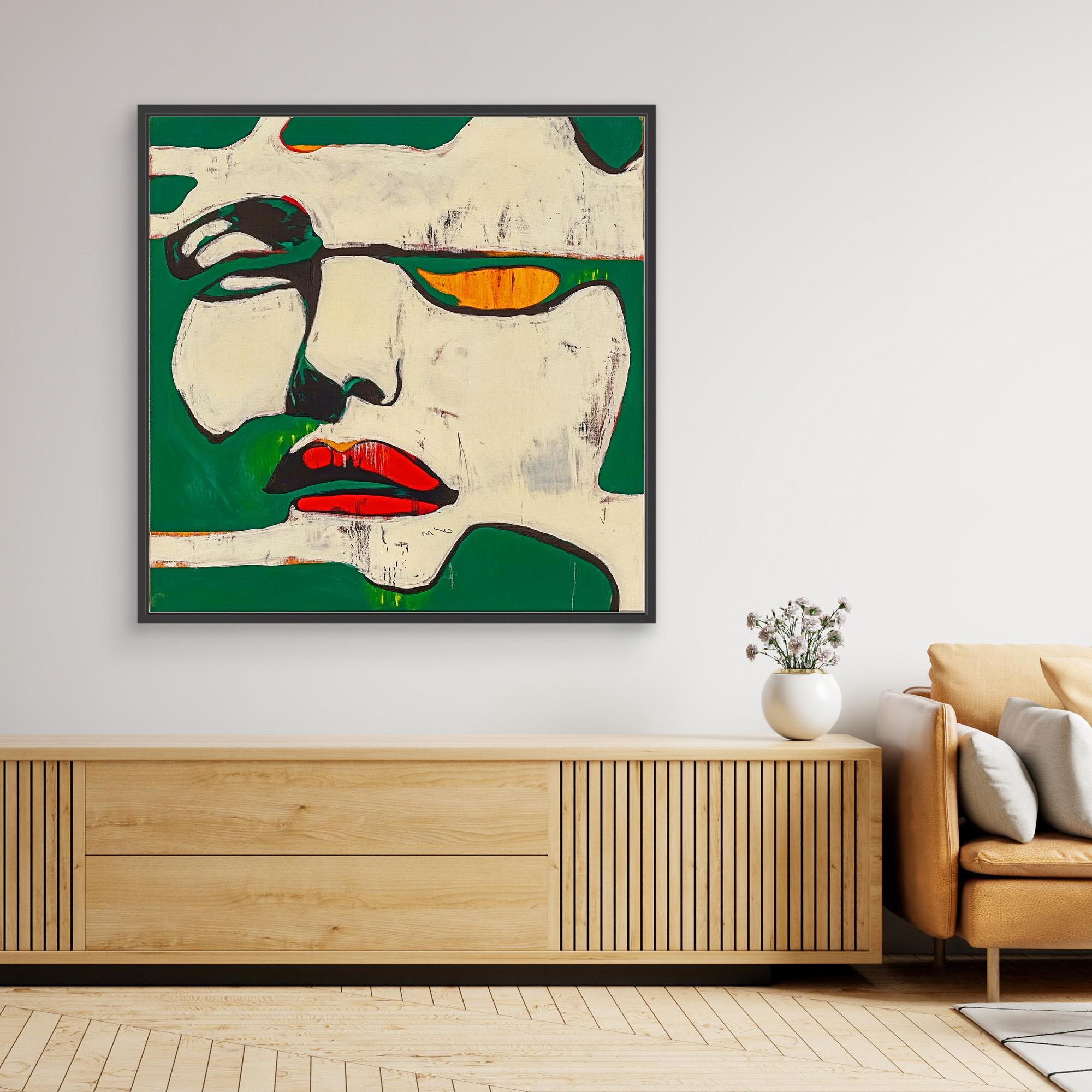 Canvas Print : Fragments of Expression - Bold Portrait Abstract modern abstract canvas wall art by Rossetti Art – luxury interior design artwork for living room, bedroom, office – Abstract Portrait Wall Art Bold Green and Red Canvas Contemporary Expressive Decor