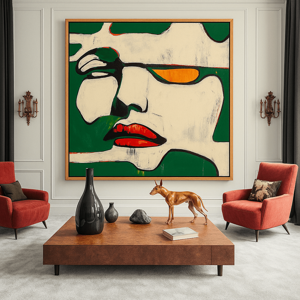 Canvas Print : Fragments of Expression - Bold Portrait Abstract modern abstract canvas wall art by Rossetti Art – luxury interior design artwork for living room, bedroom, office – Abstract Portrait Wall Art Bold Green and Red Canvas Contemporary Expressive Decor
