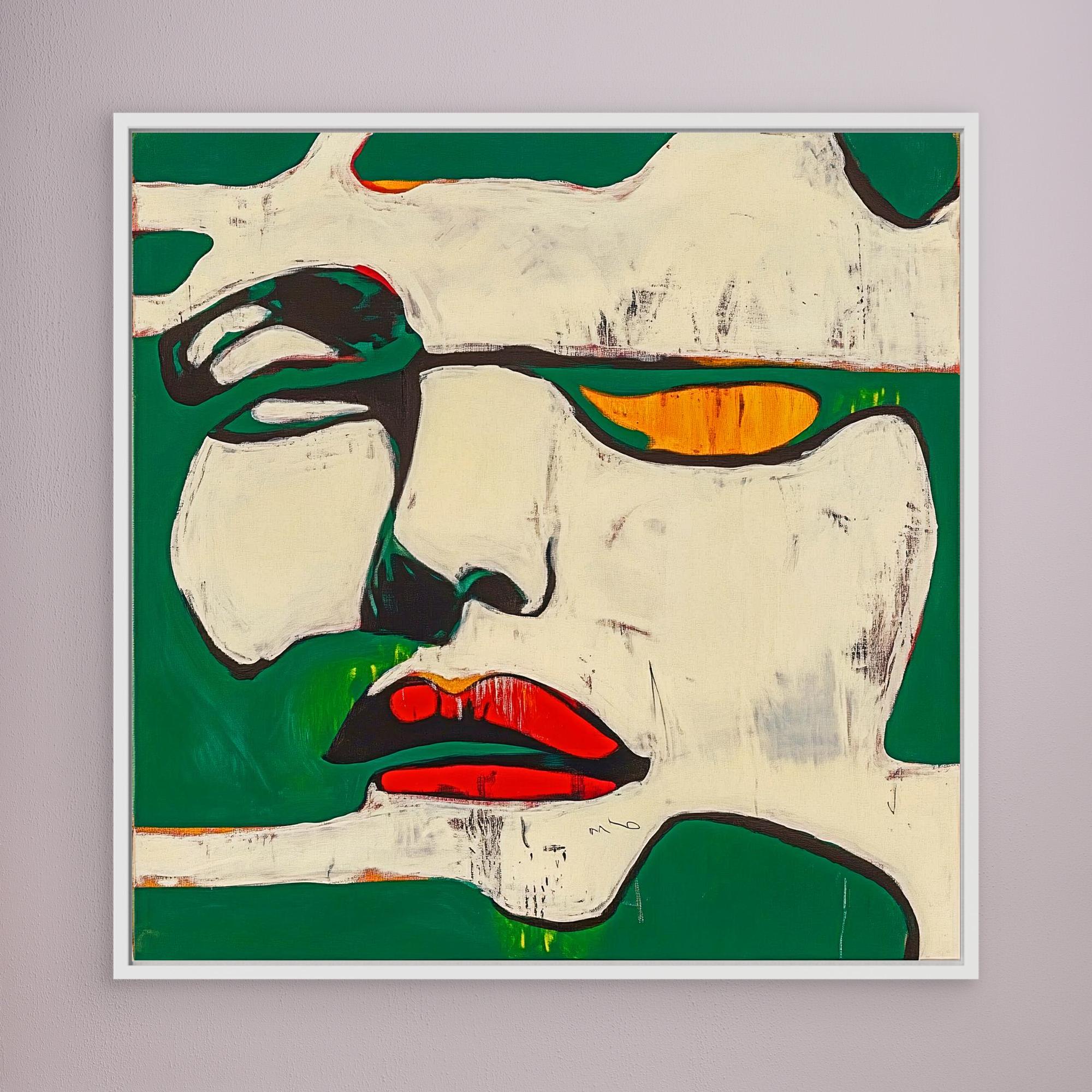 Canvas Print : Fragments of Expression - Bold Portrait Abstract modern abstract canvas wall art by Rossetti Art – luxury interior design artwork for living room, bedroom, office – Abstract Portrait Wall Art Bold Green and Red Canvas Contemporary Expressive Decor