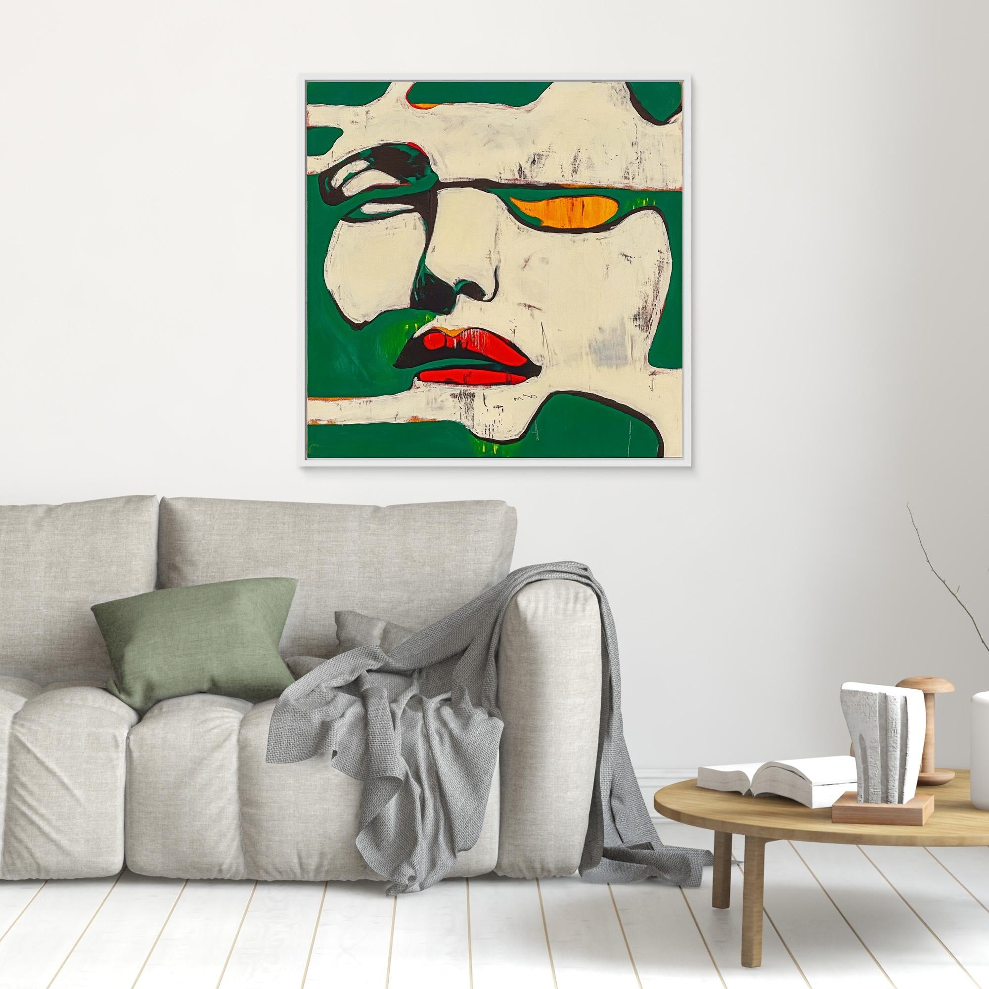 Canvas Print : Fragments of Expression - Bold Portrait Abstract modern abstract canvas wall art by Rossetti Art – luxury interior design artwork for living room, bedroom, office – Abstract Portrait Wall Art Bold Green and Red Canvas Contemporary Expressive Decor