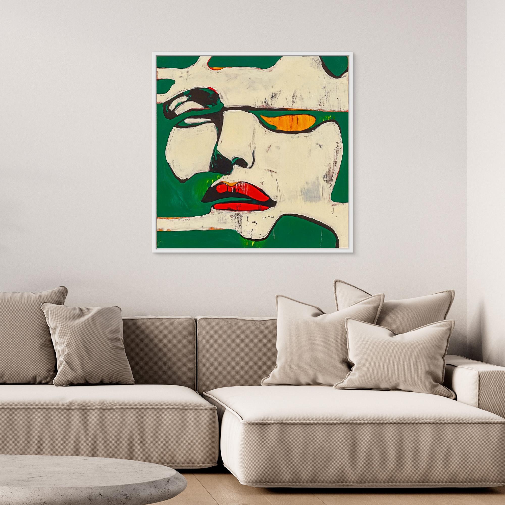 Canvas Print : Fragments of Expression - Bold Portrait Abstract modern abstract canvas wall art by Rossetti Art – luxury interior design artwork for living room, bedroom, office – Abstract Portrait Wall Art Bold Green and Red Canvas Contemporary Expressive Decor