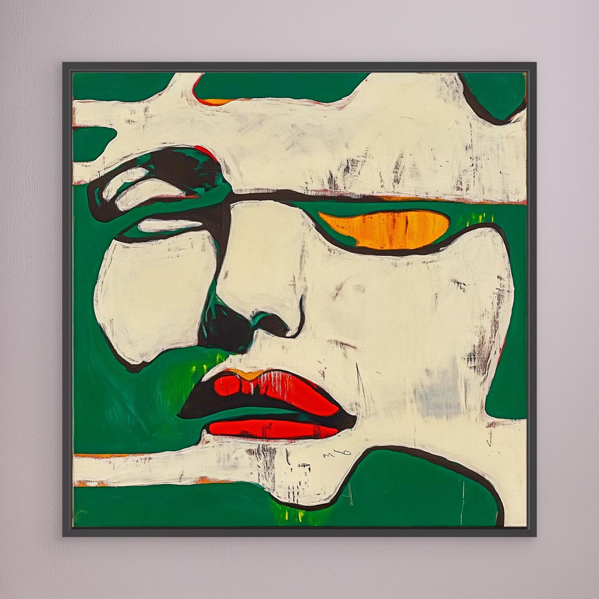 Canvas Print : Fragments of Expression - Bold Portrait Abstract modern abstract canvas wall art by Rossetti Art – luxury interior design artwork for living room, bedroom, office – Abstract Portrait Wall Art Bold Green and Red Canvas Contemporary Expressive Decor