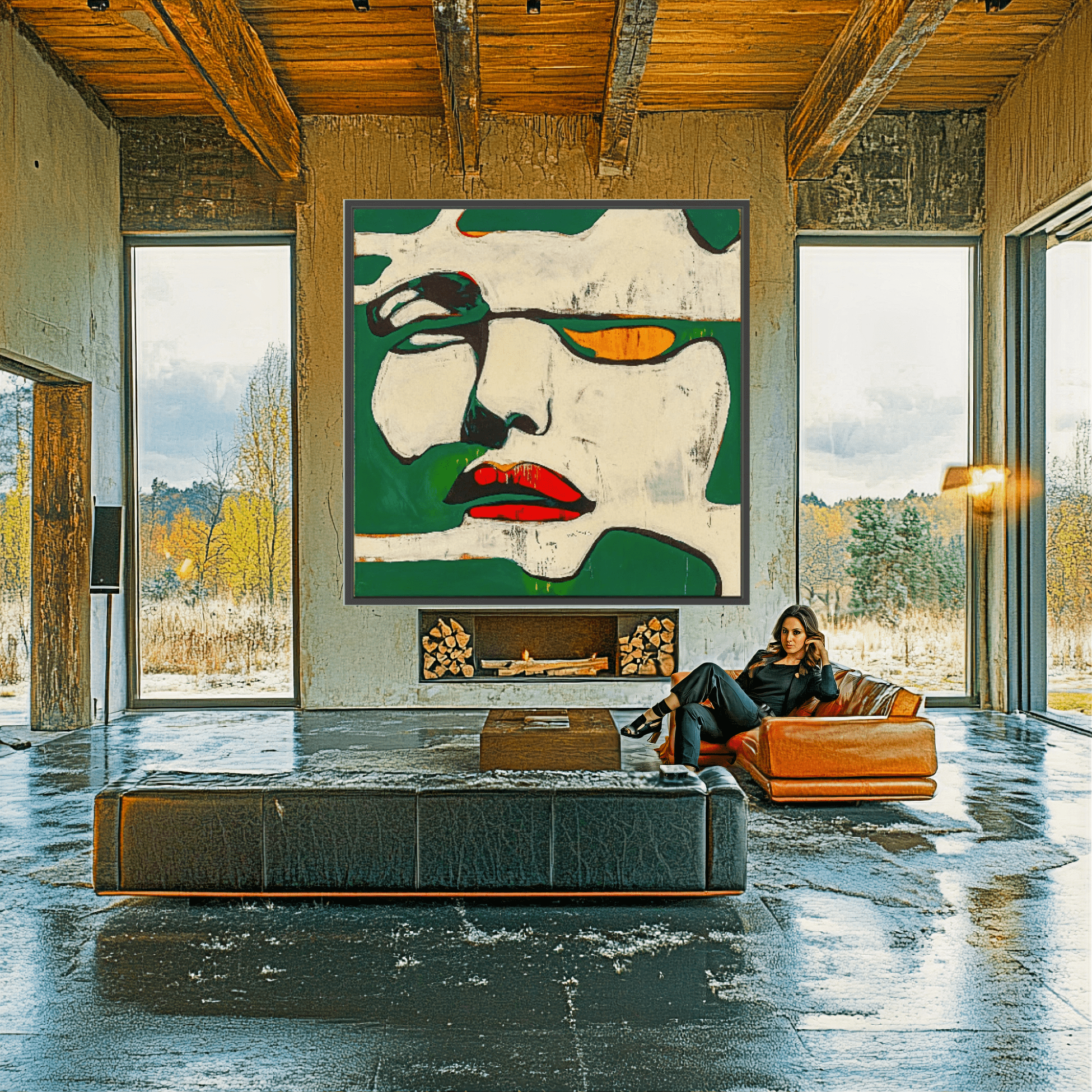 Canvas Print : Fragments of Expression - Bold Portrait Abstract modern abstract canvas wall art by Rossetti Art – luxury interior design artwork for living room, bedroom, office – Abstract Portrait Wall Art Bold Green and Red Canvas Contemporary Expressive Decor