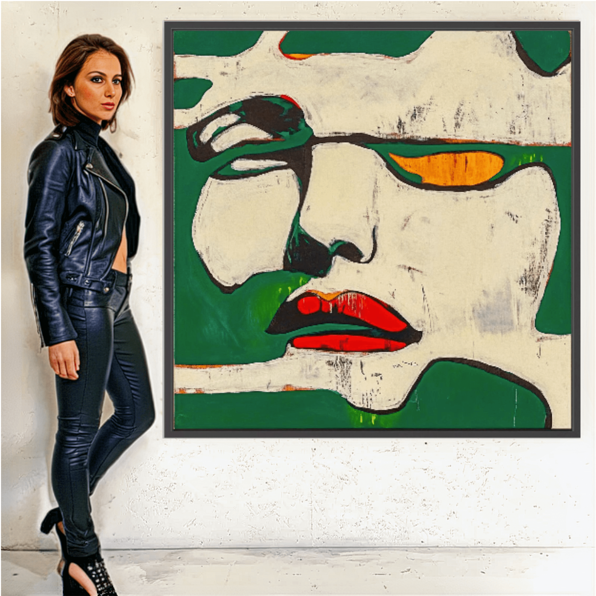Canvas Print : Fragments of Expression - Bold Portrait Abstract modern abstract canvas wall art by Rossetti Art – luxury interior design artwork for living room, bedroom, office – Abstract Portrait Wall Art Bold Green and Red Canvas Contemporary Expressive Decor