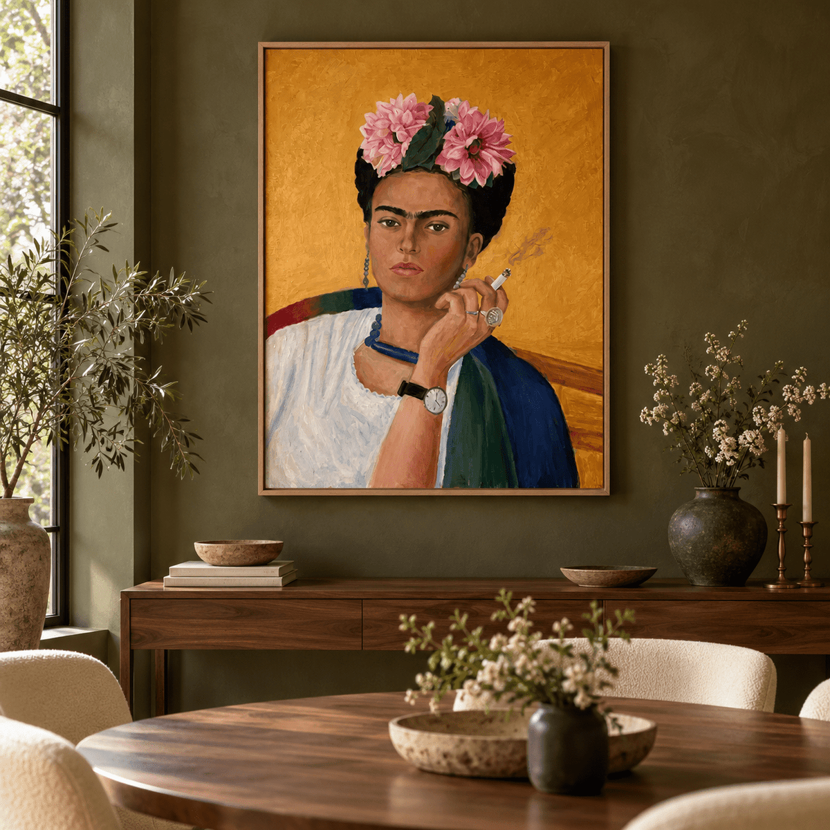 Frida Kahlo Wall Art – Frida by Rossetti Art above a walnut console in a dining room