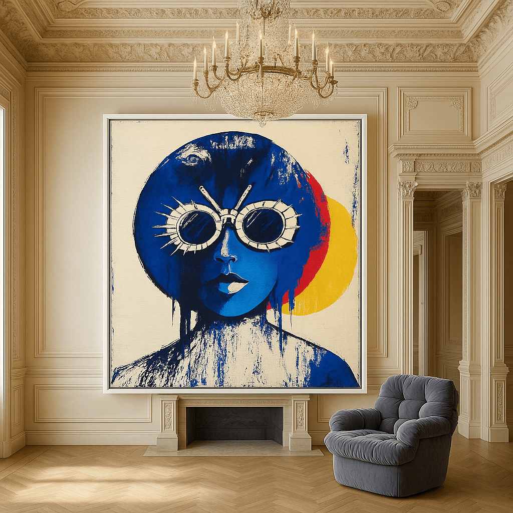 Canvas Print: Futuristic Blue Woman Portrait - Bold Abstract Wall Art modern abstract canvas wall art by Rossetti Art – luxury interior design artwork for living room, bedroom, office – Bold and Dynamic Artistic Home Accent Colorful Statement Wall Art Contemporary Grid Art