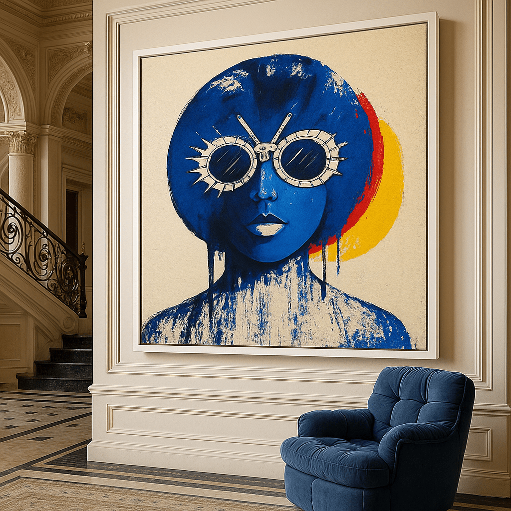 Canvas Print: Futuristic Blue Woman Portrait - Bold Abstract Wall Art modern abstract canvas wall art by Rossetti Art – luxury interior design artwork for living room, bedroom, office – Bold and Dynamic Artistic Home Accent Colorful Statement Wall Art Contemporary Grid Art