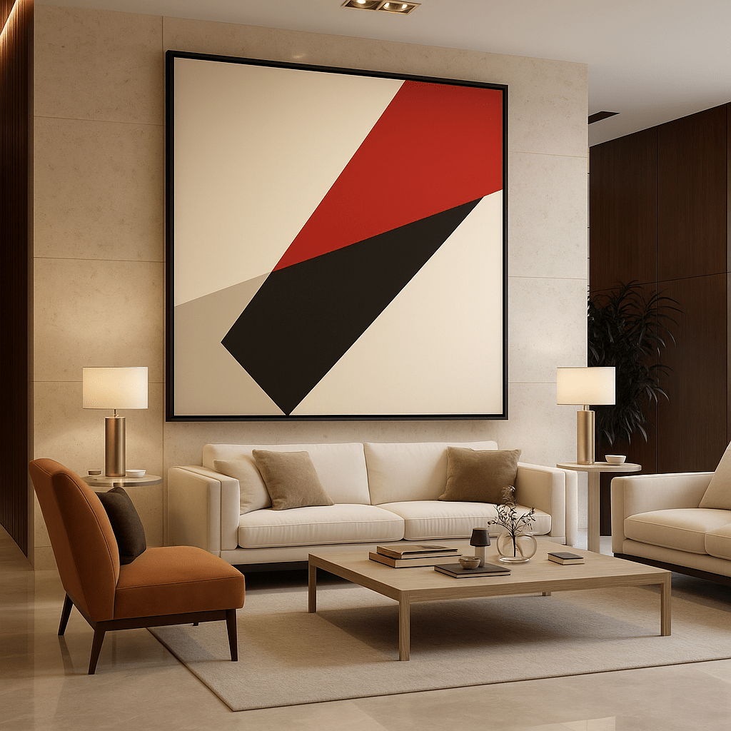 Canvas Print: Geometric Ascent – Red, Black & Beige Modern Art modern abstract canvas wall art by Rossetti Art – luxury interior design artwork for living room, bedroom, office – Bold and Dynamic Artistic Home Accent Colorful Statement Wall Art Contemporary Grid Art