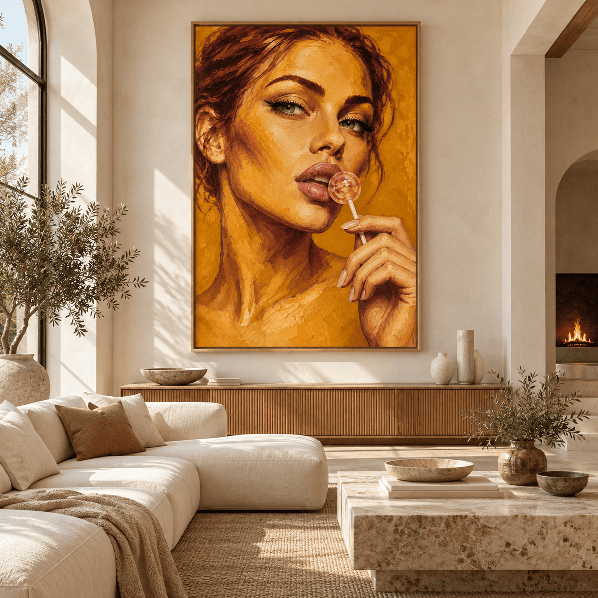 Glam Wall Art – Honey Pop by Rossetti Art above a cream sofa in a living room