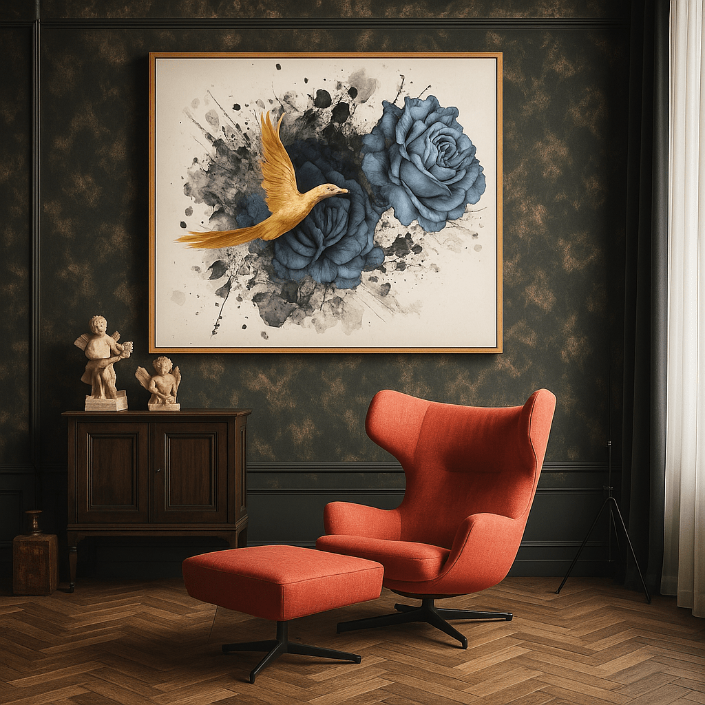 Canvas Print: Golden Bird & Blue Roses – Modern Floral Wall Art modern abstract canvas wall art by Rossetti Art – luxury interior design artwork for living room, bedroom, office – Contemporary Art for Sale contemporary art piece Contemporary art print