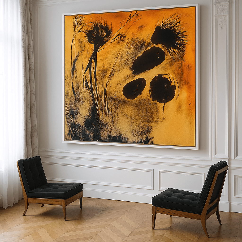 Canvas Print - Golden Botanical Impression – Abstract Nature Art Print modern abstract canvas wall art by Rossetti Art – luxury interior design artwork for living room, bedroom, office – AbstractBotanicalArt FloralAbstractArt GoldenWallArt