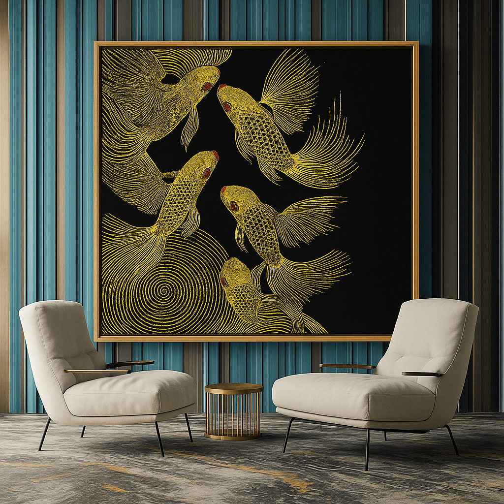 Canvas Print : Golden Drift - Koi Fish Gold Canvas Art by Chiara Rosetti modern abstract canvas wall art by Rossetti Art – luxury interior design artwork for living room, bedroom, office – Contemporary Art for Sale contemporary art piece Contemporary art print