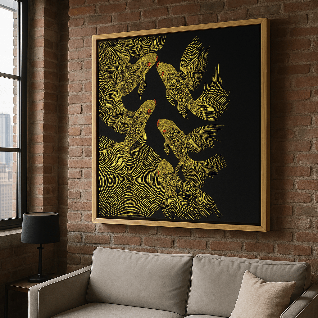 Canvas Print : Golden Drift - Koi Fish Gold Canvas Art by Chiara Rosetti modern abstract canvas wall art by Rossetti Art – luxury interior design artwork for living room, bedroom, office – Contemporary Art for Sale contemporary art piece Contemporary art print