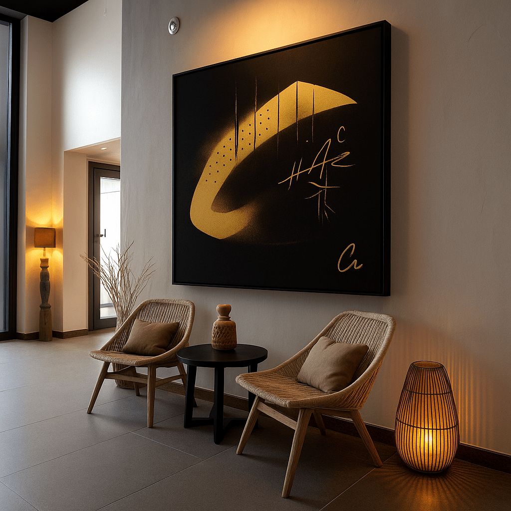 Canvas Print: Golden Eclipse – Abstract Black & Gold Wall Art modern abstract canvas wall art by Rossetti Art – luxury interior design artwork for living room, bedroom, office – Bold and Dynamic Artistic Home Accent Colorful Statement Wall Art Contemporary Grid Art